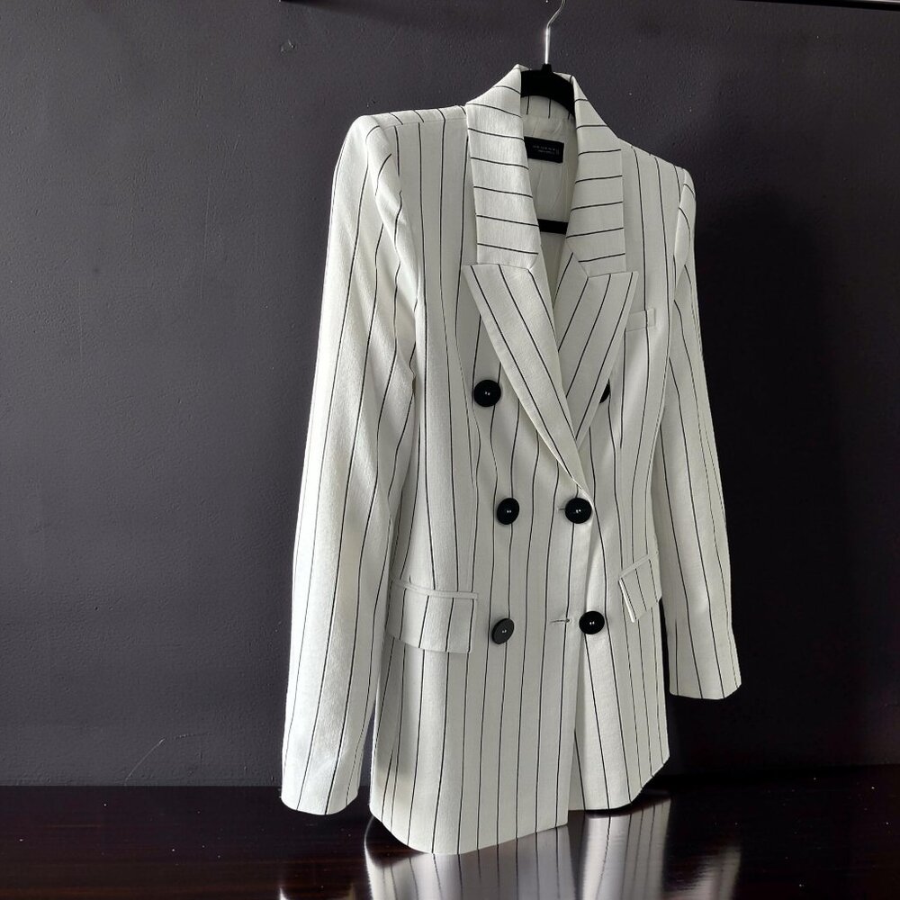 Zara White Linen Blend Pinstripe Double-Breasted Blazer XS